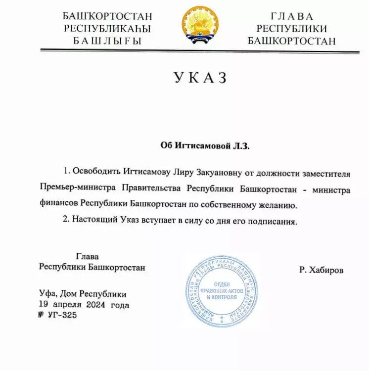 Указ об освобождении с должности Лиры Игтисамовой